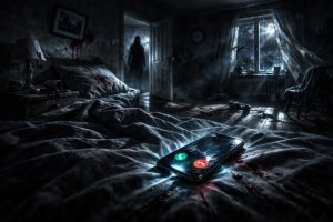 dark horror scene of a person answering a phone at 2am with a shadow figure standing in the bedroom doorway